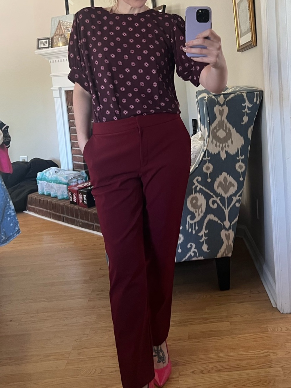 Ann Taylor Mixed Media Popover Plum Printed Short Sleeve Blouse - Picture 5 of 10